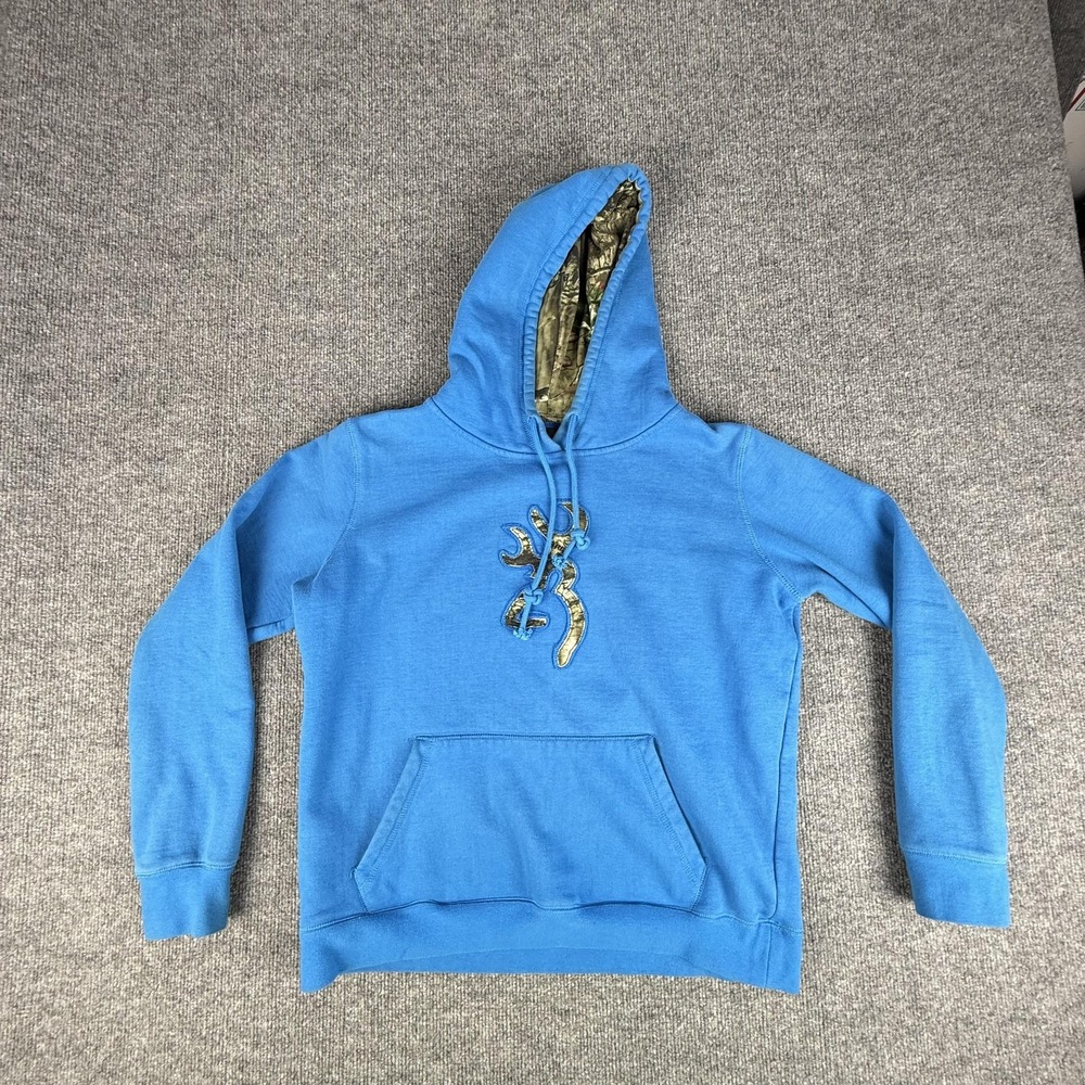 Browning Hoodie Mens Large Blue Camo Deer Logo Hood Lined Pullover Sweatshirt